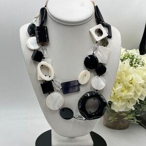 Bold Black Onyx Mother of Pearl Geometric Chunky Runway
Mixed Media Necklace 40"